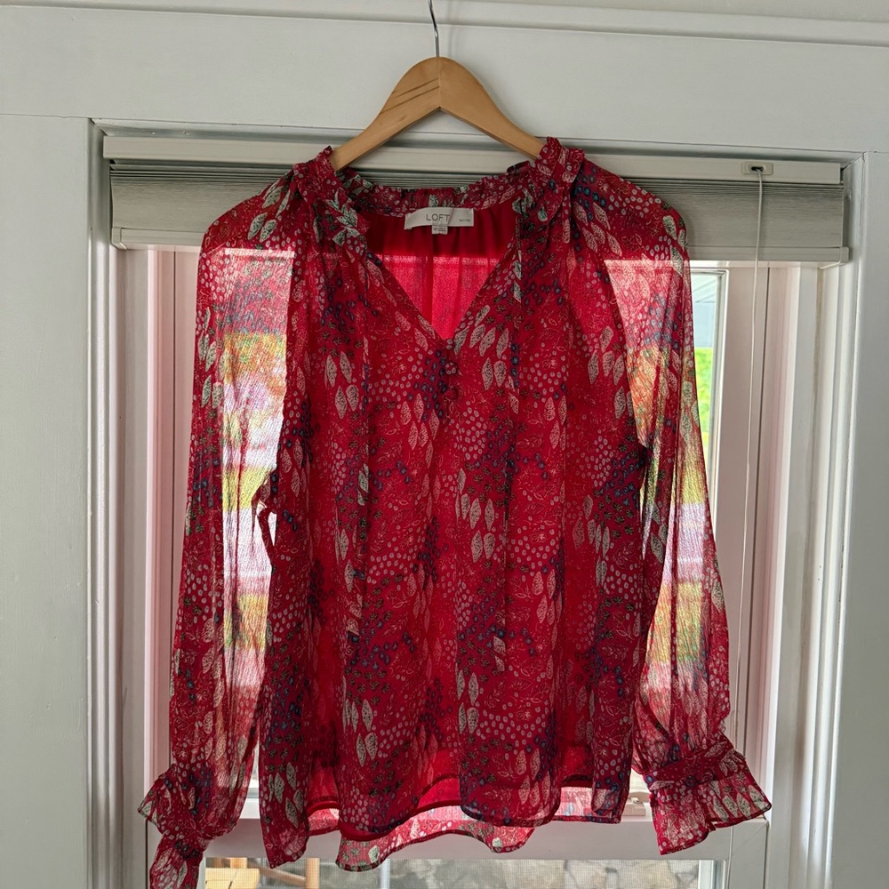 LOFT Red Sheer Printed Ruffle-Neck Blouse